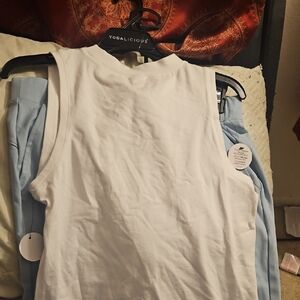 Yogalicious Classic White Sleeveless Top And Light Blue Bottoms